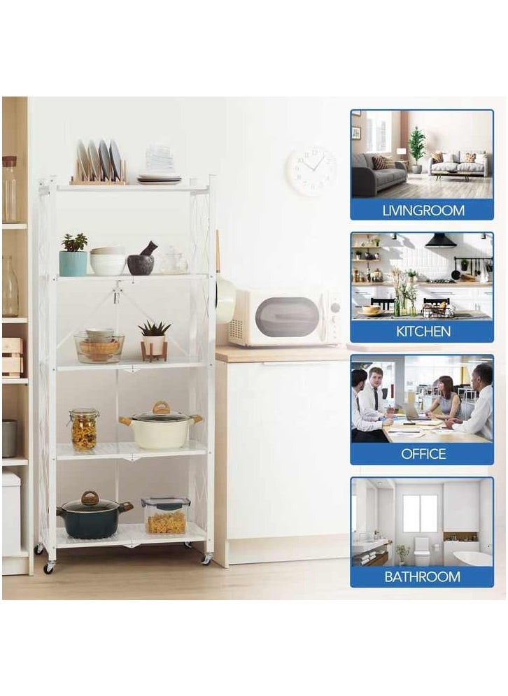 AIWANTO - 5 Tier Heavy Duty Storage Rack Foldable Kitchen Shelf For Garage Home Closet Office Organizer, Shelves on Wheels, Large Capacity Metal Shelving Units For Basement Pantry No Assembly Required White - Image 1