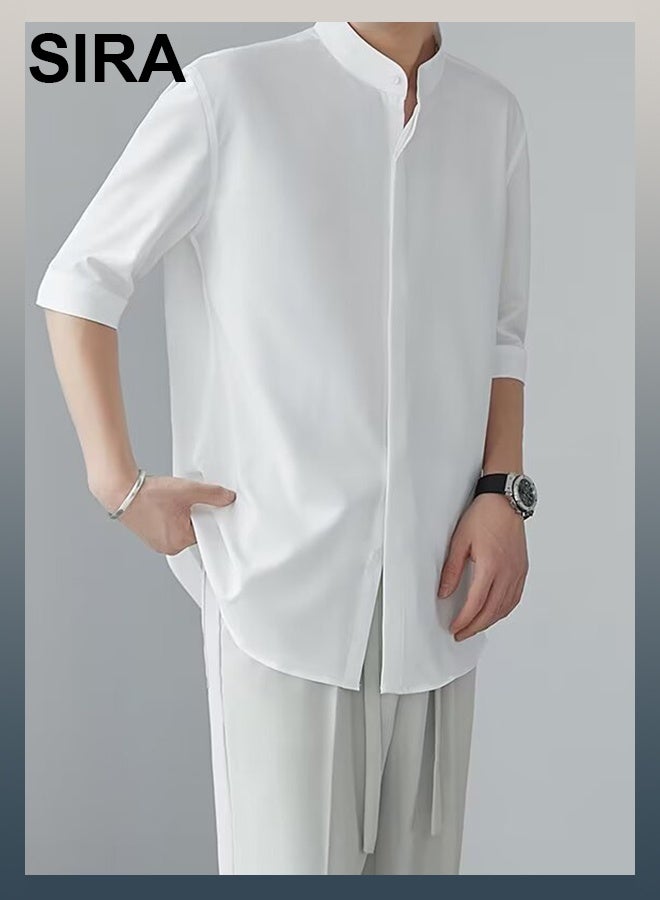 SIRA Men's Premium Short Sleeve Shirt - Soft & Breathable Slim Fit Casual Shirt for Men, Comfortable Office & Travel Wear, Stylish Stand Collar (White) - Image 5