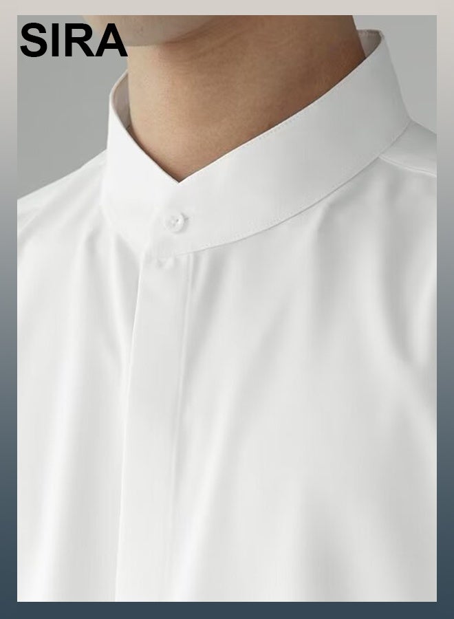 SIRA Men's Premium Short Sleeve Shirt - Soft & Breathable Slim Fit Casual Shirt for Men, Comfortable Office & Travel Wear, Stylish Stand Collar (White) - Image 3