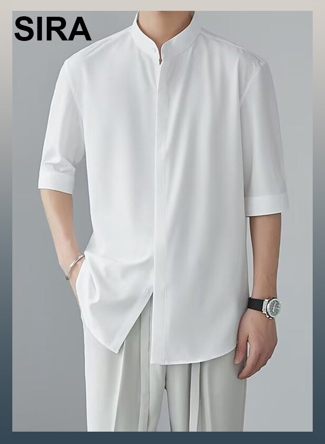 SIRA Men's Premium Short Sleeve Shirt - Soft & Breathable Slim Fit Casual Shirt for Men, Comfortable Office & Travel Wear, Stylish Stand Collar (White) - Image 1