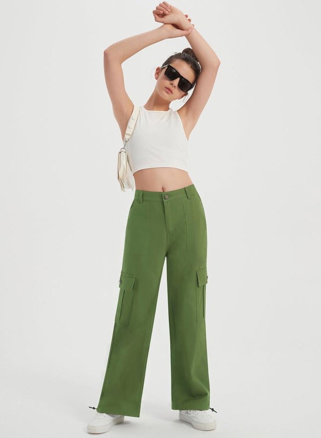 EXARUS Girls Jeans Cargo Wide Leg Baggy Denim Straight Loose Pants Tween Elastic High Waistband Pockets Youth Clothes, A-army Green, 10 Years - Image 4