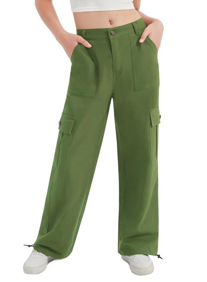 EXARUS Girls Jeans Cargo Wide Leg Baggy Denim Straight Loose Pants Tween Elastic High Waistband Pockets Youth Clothes, A-army Green, 10 Years - Image 1