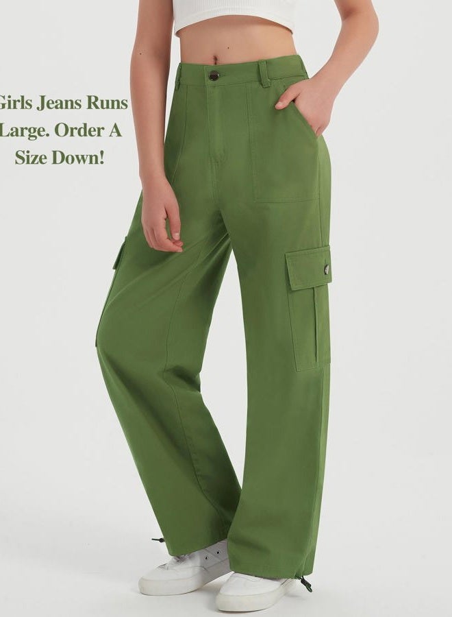 EXARUS Girls Jeans Cargo Wide Leg Baggy Denim Straight Loose Pants Tween Elastic High Waistband Pockets Youth Clothes, A-army Green, 10 Years - Image 3