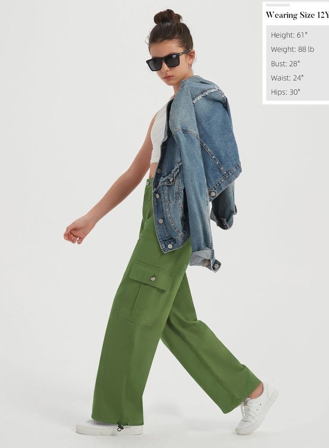 EXARUS Girls Jeans Cargo Wide Leg Baggy Denim Straight Loose Pants Tween Elastic High Waistband Pockets Youth Clothes, A-army Green, 10 Years - Image 5