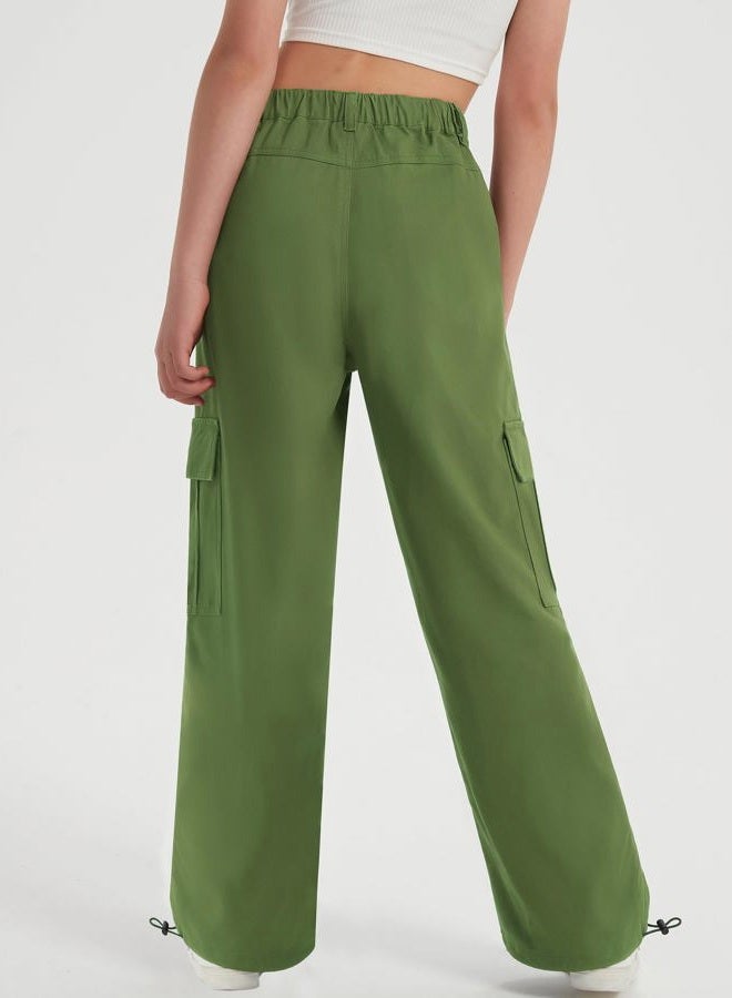 EXARUS Girls Jeans Cargo Wide Leg Baggy Denim Straight Loose Pants Tween Elastic High Waistband Pockets Youth Clothes, A-army Green, 10 Years - Image 2