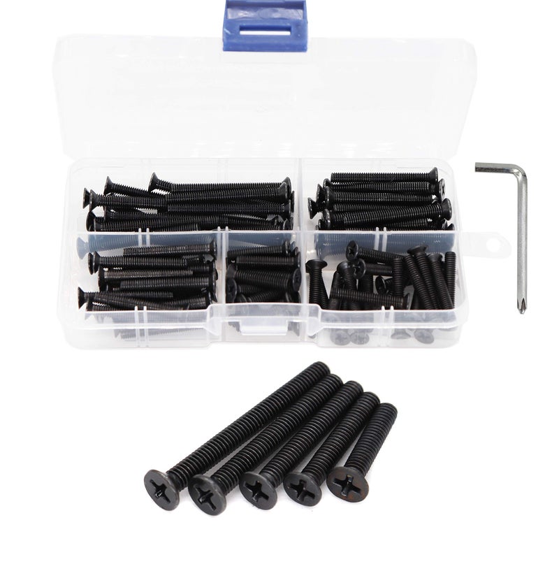 cSeao 100pcs Black Flat Head Phillips M4 Screws Assortment Kit, M4 x 20mm/25mm/30mm/35mm/40mm, Black Oxide Finish - Image 1