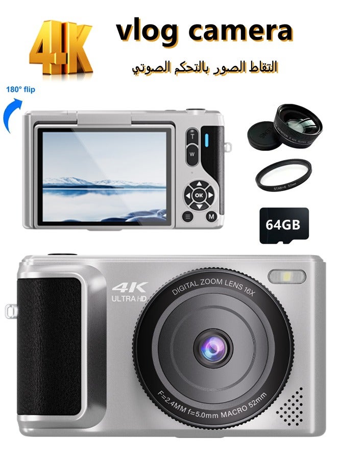 AL RAID Digital Camera, 4K Vlogging Camera, Kids Camera 64MP Point and Shoot Digital Cameras with 64GB TF Card, 16X Zoom,Voice-controlled shuttermera - Image 1