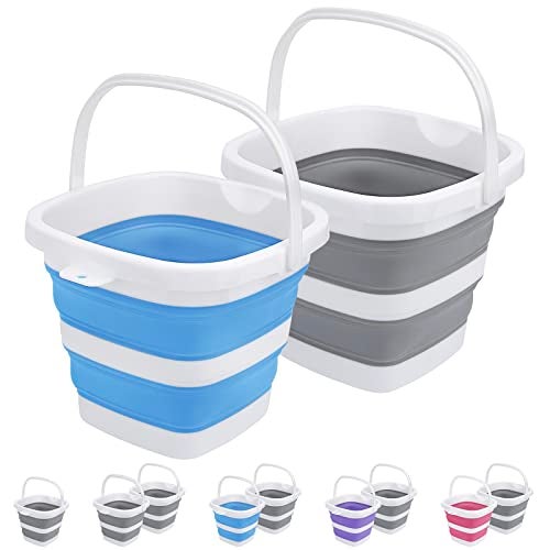 Craftend 2 Pack Collapsible Buckets 5L 1.3Gallon Small Cleaning Bucket for Household Portable Plastic Bucket Outdoor Car Washing Tub Foldable Camping Beach Sand Water Pot Pail Space Saving Square Grey and Blue - Image 1