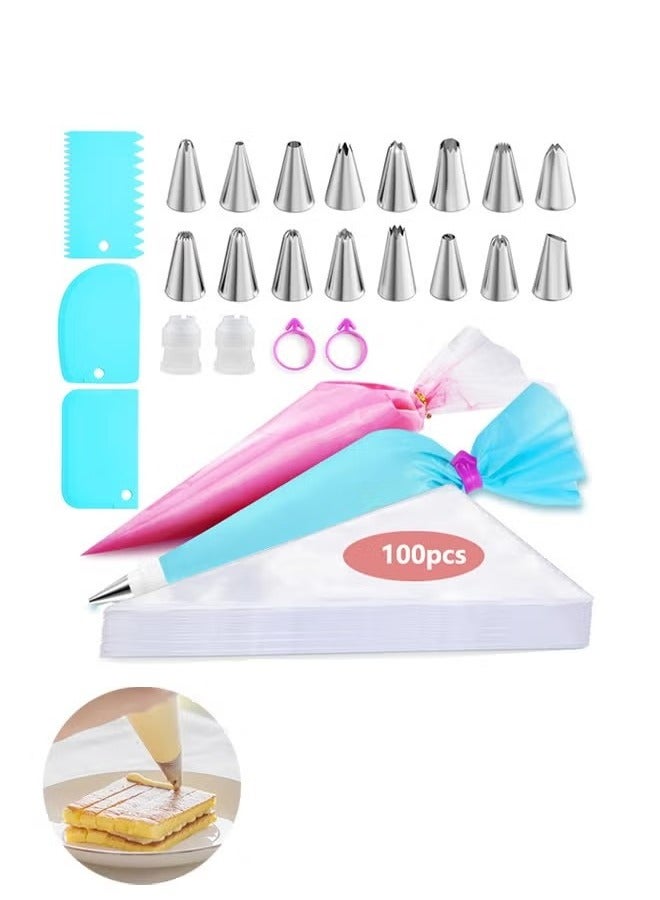 Piping Bags and Tips Set, Cakes Decorating Supplies Kit with 100pcs 12 Inch Pastry Bags, 16 Piping Tips, 3 Cake Scraper, 2 Couplers, 2 Bag Ties, Simple and Convenient Baking Supplies Set - Image 1