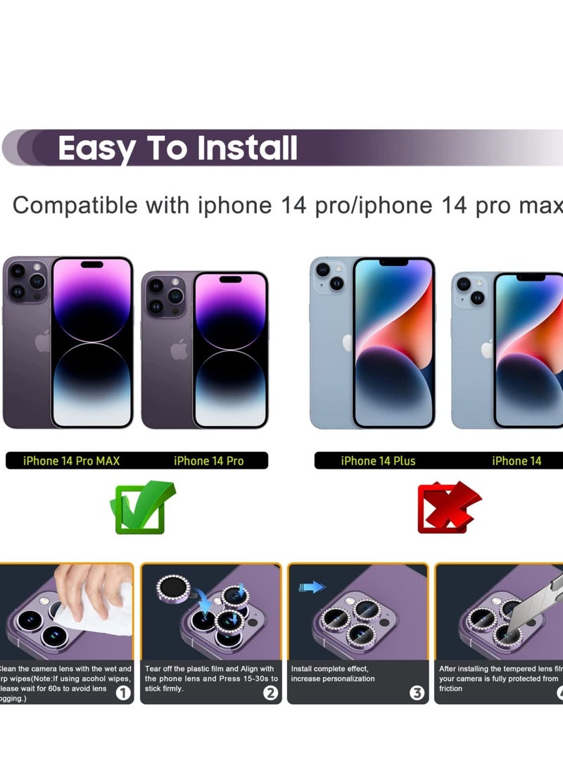 ELTRAZONE iPhone 14 Pro 6.1 inch /14 Pro Max 6.7 inch Camera Lens Protector, Set with Diamonds Bling Camera Cover Tempered Glass for iPhone 14 Pro Max /14 Pro [Perfectly Fit] - Diamond Purple - Image 2