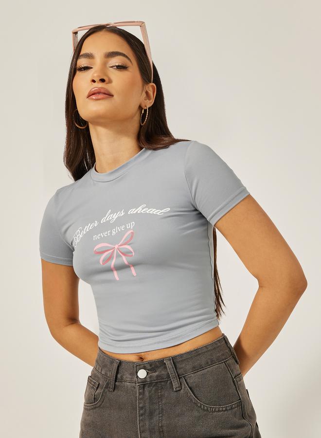 Styli Graphic Print Fitted Round Neck Crop T-Shirt - Image 1