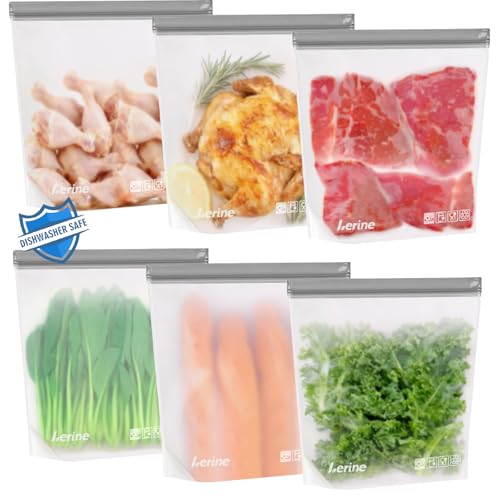 Lerine 6 Pack Reusable Freezer Bags 2 Gallon Stand-Up Dishwasher Safe, BPA-Free Reusable Gallon Bags, Leakproof Food Storage Bags for Meat Vegetables Bread Travel (Gray, 2Gallon) - Image 1