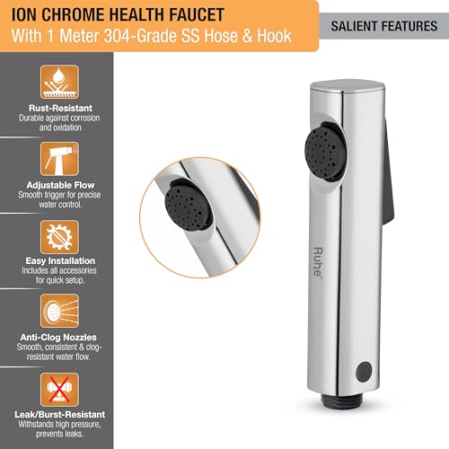 Ruhe® Ion Health Faucet Set for Bathroom/Handheld Jet Spray for Toilet | ABS Hand Shower Spray Gun with 304-Grade Stainless Steel Flexible Shower Tube 1 Meter and Wall Hook/Holder - Image 4