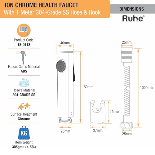 Ruhe® Ion Health Faucet Set for Bathroom/Handheld Jet Spray for Toilet | ABS Hand Shower Spray Gun with 304-Grade Stainless Steel Flexible Shower Tube 1 Meter and Wall Hook/Holder - Image 2