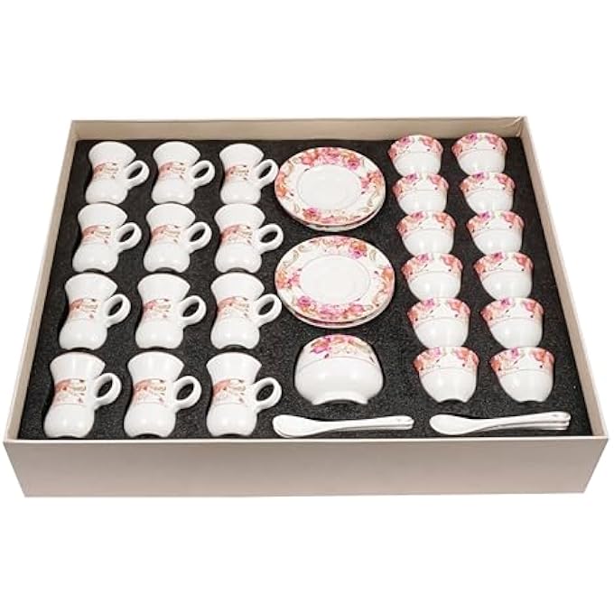 rayihni Pink Flowers Design Porcelain Tea And Coffee Serving Set 51Pieces Ivory - Image 3