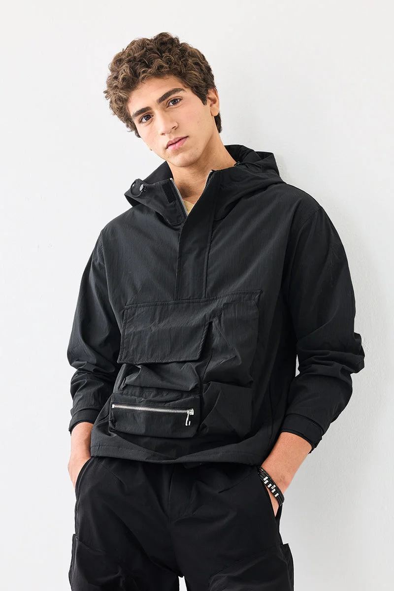 SNITCH Black Solid Long Sleeve Regular Fit Streetwear Jacket