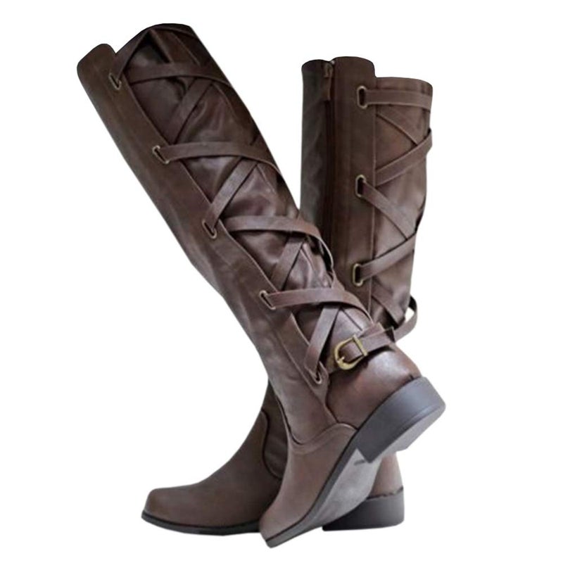 Syktkmx Womens Strappy Motorcycle Knee High Boots Winter Lace Up Riding Flat Low Heel Shoes Dark Brown Size 65 - Image 2
