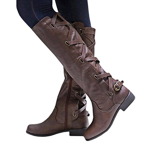 Syktkmx Womens Strappy Motorcycle Knee High Boots Winter Lace Up Riding Flat Low Heel Shoes Dark Brown Size 65 - Image 3