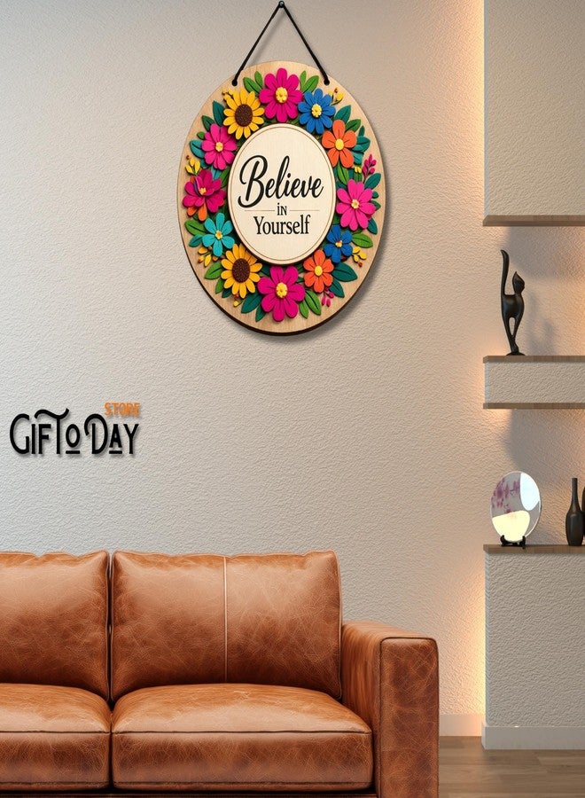 GIFTODAY لوحة جدارية خشبية دائرية من جيفت توداي لتزيين المنزل | اقتباسات ملهمة، لافتة ترحيب، أجواء إيجابية وديكور جداري ماندالا زهري لغرفة المعيشة، غرفة النوم، المدخل والمكتب (زهور ملونة) - Image 3