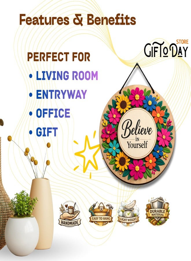 GIFTODAY لوحة جدارية خشبية دائرية من جيفت توداي لتزيين المنزل | اقتباسات ملهمة، لافتة ترحيب، أجواء إيجابية وديكور جداري ماندالا زهري لغرفة المعيشة، غرفة النوم، المدخل والمكتب (زهور ملونة) - Image 4