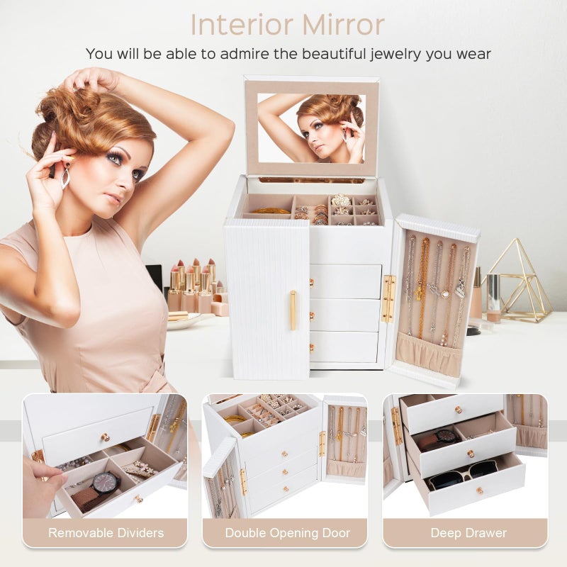 Dajasan Large Jewelry Box for Women, Jewelry Holder Organizer Box with 3 Drawers, 4-Tier Jewelry Storage Organizer with Mirror for Necklace Ring Bracelet Watch, Gift Idea (White) - Image 5