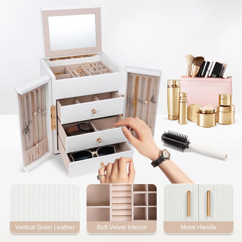 Dajasan Large Jewelry Box for Women, Jewelry Holder Organizer Box with 3 Drawers, 4-Tier Jewelry Storage Organizer with Mirror for Necklace Ring Bracelet Watch, Gift Idea (White) - Image 4