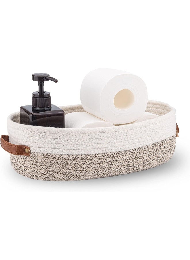 Oradrem Oradrem Woven Storage Basket for Toilet Tank Top, Farmhouse Home Decor Organizing Basket for Bathroom, Table and Counter 13"x5.9"x4" Apricot Stitching White  - Image 1