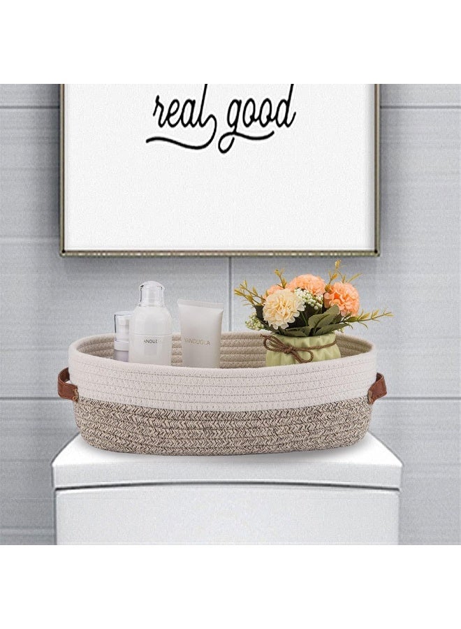 Oradrem Oradrem Woven Storage Basket for Toilet Tank Top, Farmhouse Home Decor Organizing Basket for Bathroom, Table and Counter 13"x5.9"x4" Apricot Stitching White  - Image 5