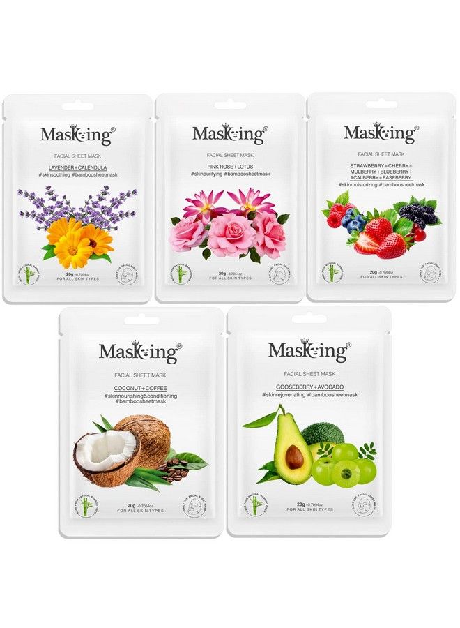 MASKING Bamboo Facial Sheet Mask Of Lavender Pink Rose Strawberry Coffee & Gooseberry Ideal For Women & Men 100Ml (Combo Pack Of 5) - Image 2