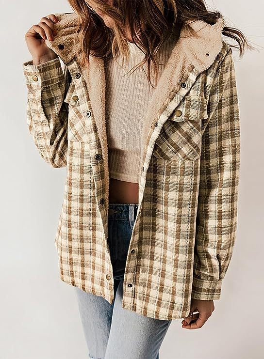 Womens Plaid Wool Hooded Jacket Long Sleeve Winter Coat Khaki 
