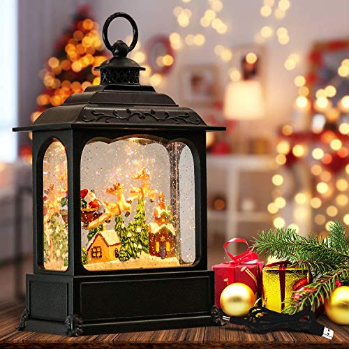 Wondise Christmas Musical Snow Globe Lantern with 6 Hour Timer 112 Inch USB Plugin  Battery Operated Spinning Water Glitter Lighted Snow Globe Christmas Santa Claus and Sleigh
