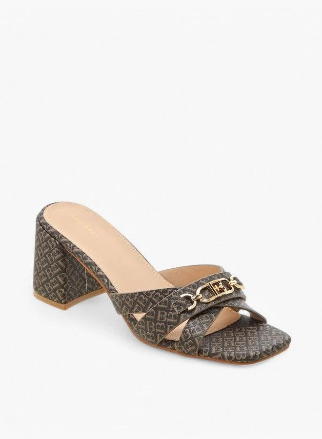 Flora Bella By Shoexpress Monogram Print Cross-Strap Sandals with Block Heels