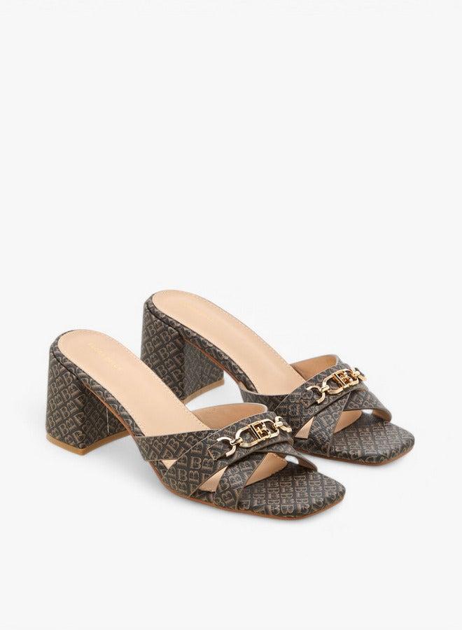 Flora Bella By Shoexpress Monogram Print Cross-Strap Sandals with Block Heels - Image 3