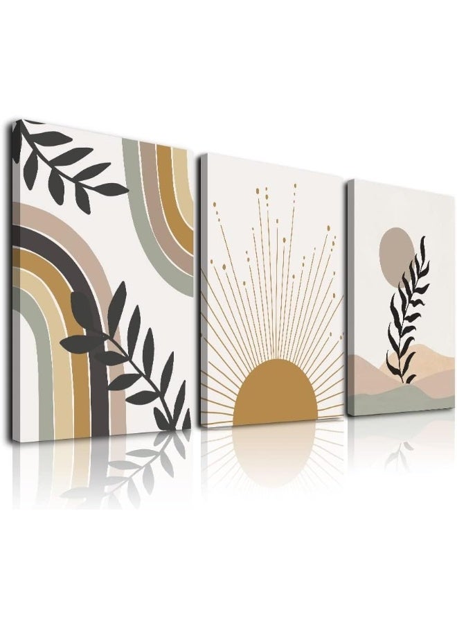 KBKBART Minimalist Boho Wall Art, Decor, Canvas Art Sun Moon Palm Leaf Mountain Rainbow Beige Artwork Prints, Neutral Geometric Mid-Century Modern Posters, yellow - Image 2