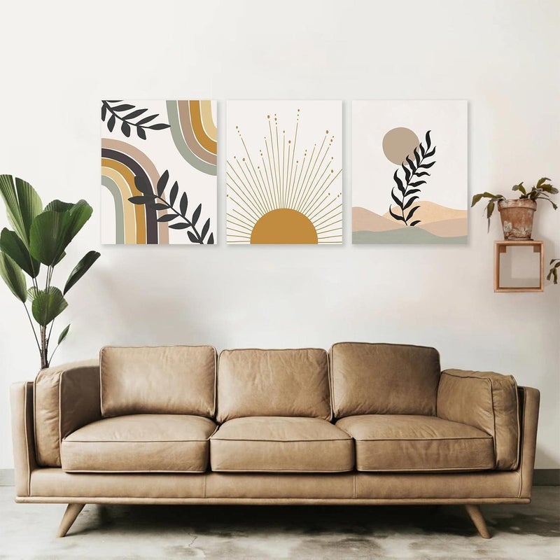 KBKBART Minimalist Boho Wall Art, Decor, Canvas Art Sun Moon Palm Leaf Mountain Rainbow Beige Artwork Prints, Neutral Geometric Mid-Century Modern Posters, yellow - Image 4