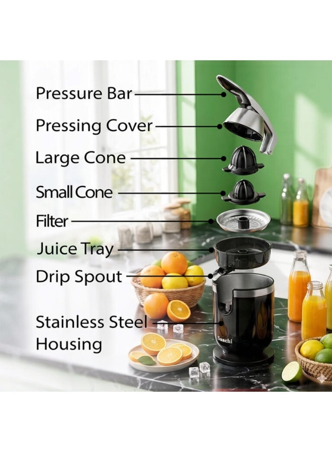 Saachi Citrus Juicer NL-CJ-4072-BK, 450W Powerful Motor, Automatic Citrus Squeezer with Stainless Steel Filter, Anti-Drip Spout, 2 Press Cones for Orange & Lemon Juice, Black 200 W NL-CJ-4072-BK Black - Image 4