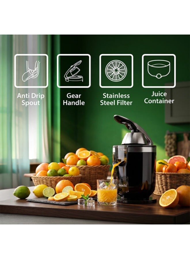 Saachi Citrus Juicer NL-CJ-4072-BK, 450W Powerful Motor, Automatic Citrus Squeezer with Stainless Steel Filter, Anti-Drip Spout, 2 Press Cones for Orange & Lemon Juice, Black 200 W NL-CJ-4072-BK Black - Image 3