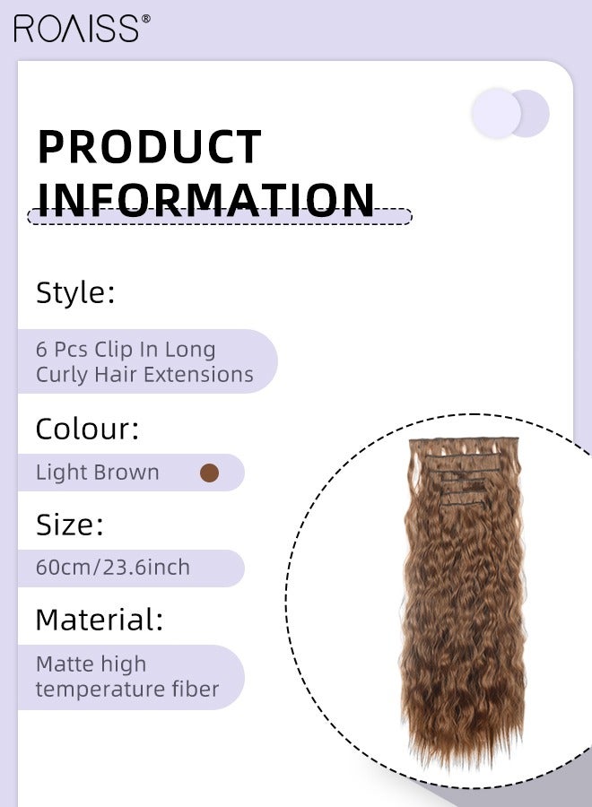 رويس 6 قطع من وصلات شعر طويل مجعد بمشبك في مشبك شعر طويل مجعد، وصلات شعر طويلة اصطناعية مقاومة للحرارة غير مرئية وقابلة للتعديل، بني فاتح، 60 سم (23.6 بوصة) - Image 3
