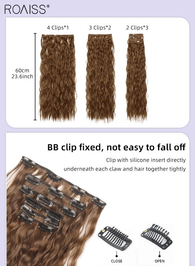 رويس 6 قطع من وصلات شعر طويل مجعد بمشبك في مشبك شعر طويل مجعد، وصلات شعر طويلة اصطناعية مقاومة للحرارة غير مرئية وقابلة للتعديل، بني فاتح، 60 سم (23.6 بوصة) - Image 4