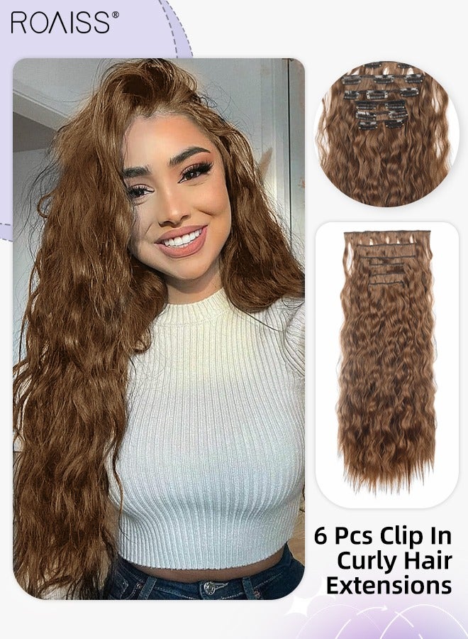 رويس 6 قطع من وصلات شعر طويل مجعد بمشبك في مشبك شعر طويل مجعد، وصلات شعر طويلة اصطناعية مقاومة للحرارة غير مرئية وقابلة للتعديل، بني فاتح، 60 سم (23.6 بوصة) - Image 1
