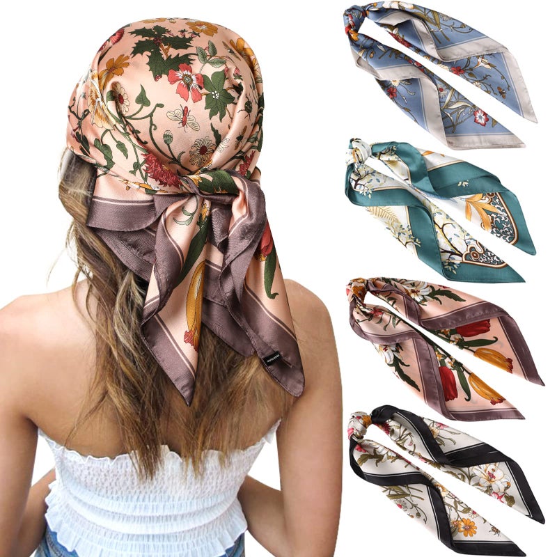 CHLINS 27 Inches Silk Feeling Square Head Scarf - 4 Pcs Satin Square Head Scarves for Women Hair Bandanas Head Kerchief Sleeping Wrap Neckerchief(Black+Grey+Coffee+Green) - Image 1