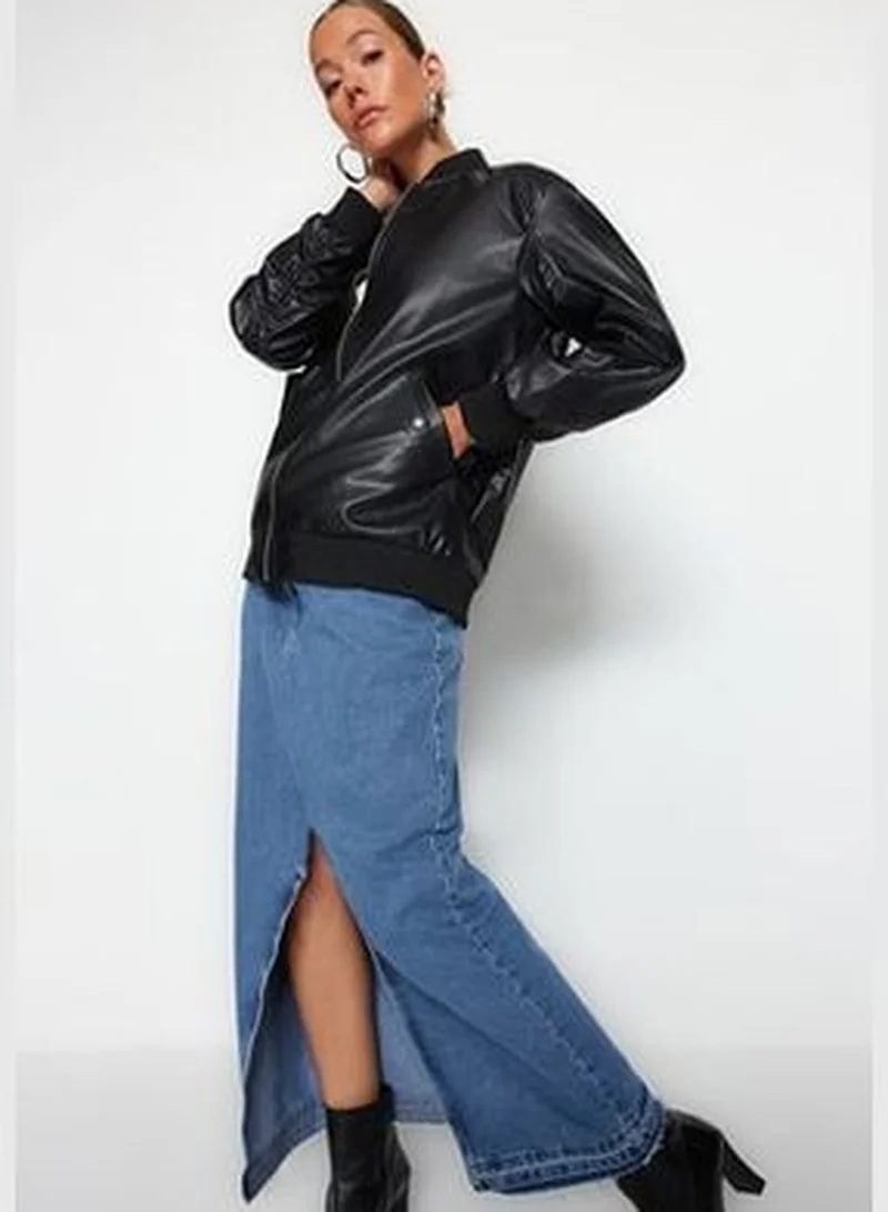 trendyol Black Oversized Faux Leather Bomber Jacket Coat TWOAW24MO00034