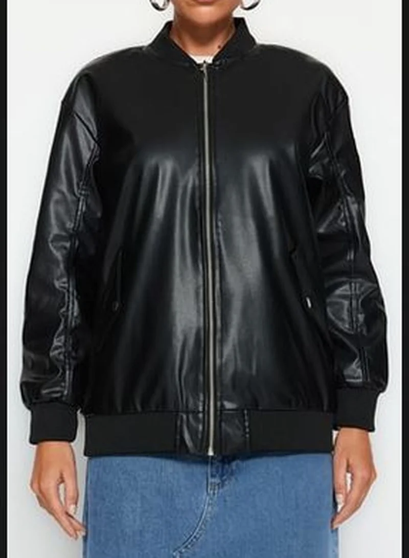trendyol Black Oversized Faux Leather Bomber Jacket Coat TWOAW24MO00034