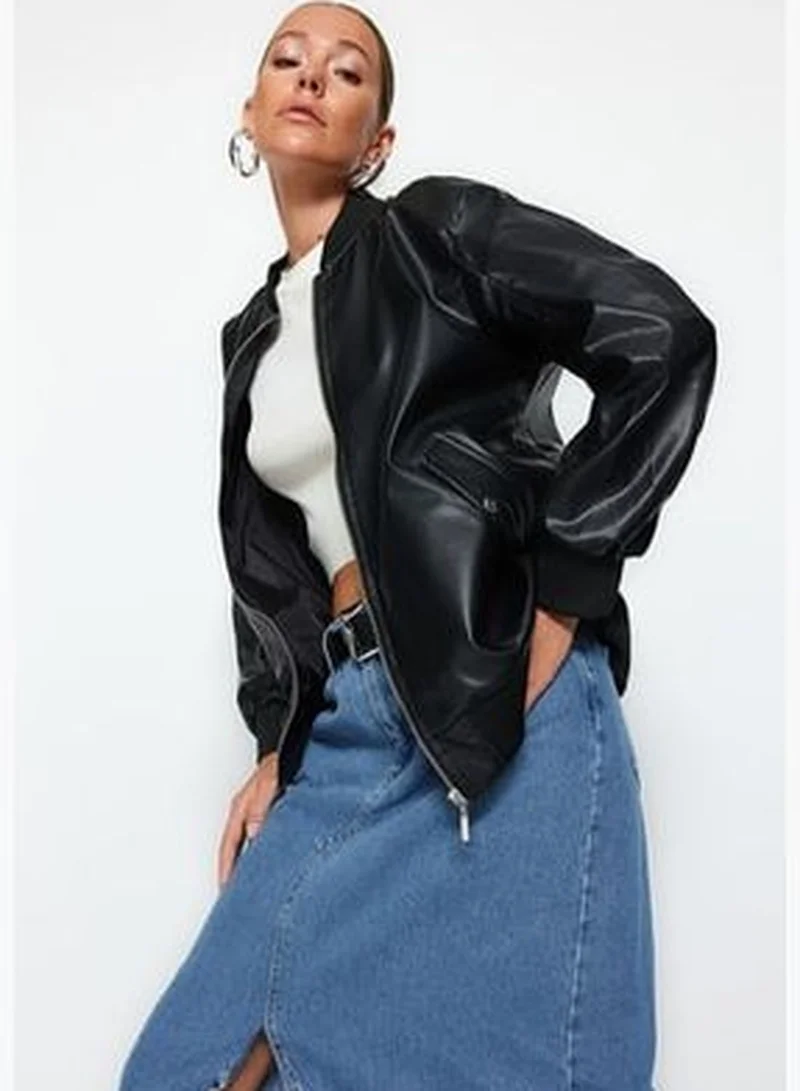 trendyol Black Oversized Faux Leather Bomber Jacket Coat TWOAW24MO00034