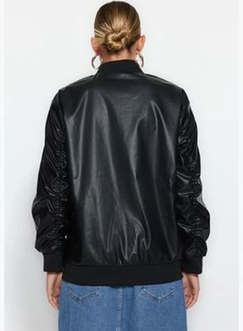 trendyol Black Oversized Faux Leather Bomber Jacket Coat TWOAW24MO00034