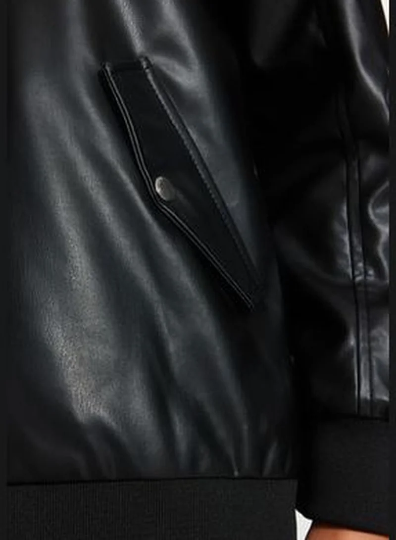trendyol Black Oversized Faux Leather Bomber Jacket Coat TWOAW24MO00034