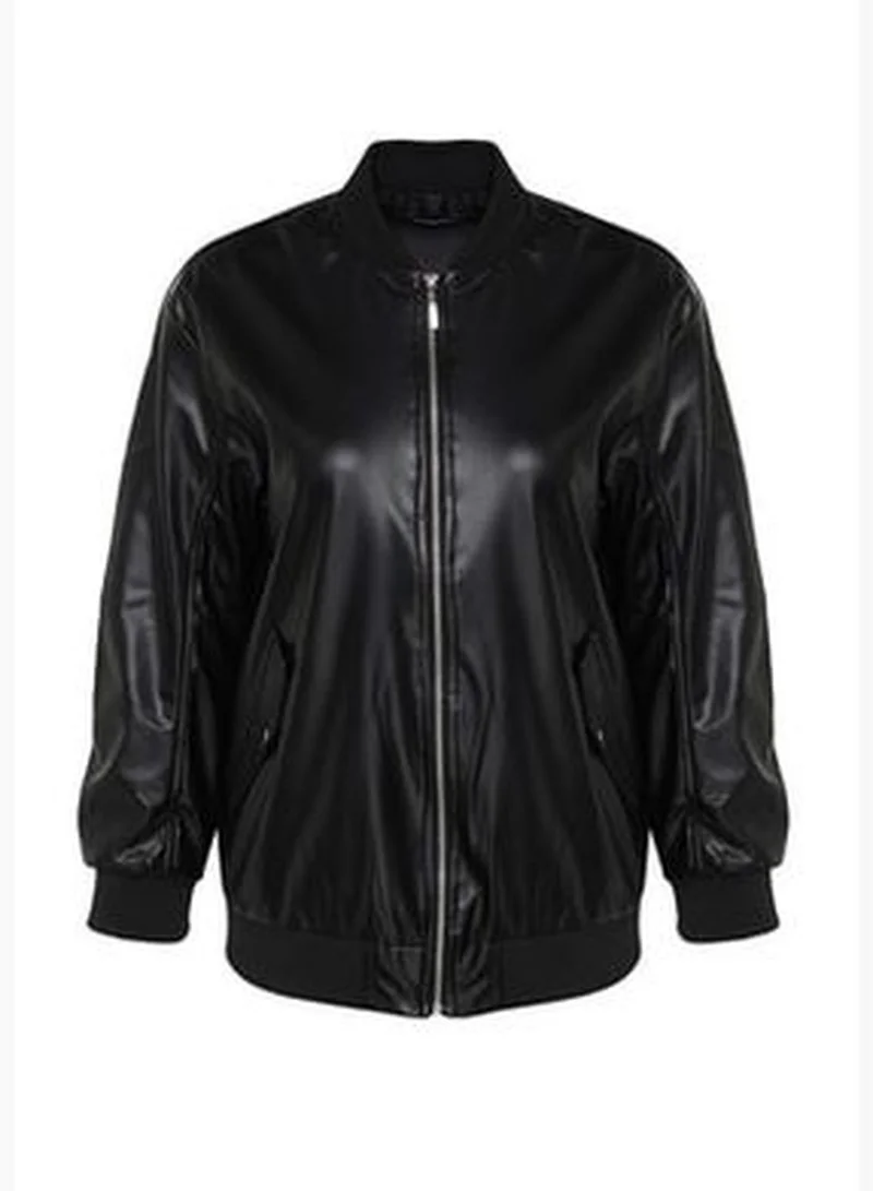 trendyol Black Oversized Faux Leather Bomber Jacket Coat TWOAW24MO00034