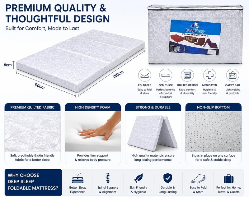ديب سليب إيفري نايت مرتبة قابلة للطي طبية للنوم العميق، متعددة الألوان، FOLDMED6CM، 90x180x6 سم - Image 2