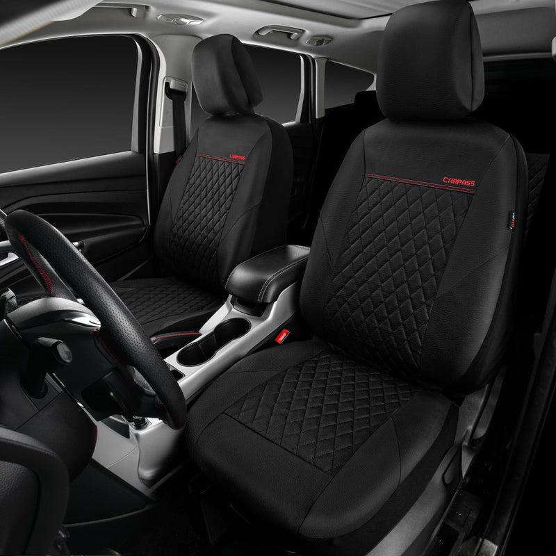 CAR PASS Quilting Leather Seat Cover Two Front Seats Only, Universal Fit Automotive Front Seat Covers Waterproof Deluxe PU Premium Vinyl Luxury for Cars Sedan Van SUV Airbag Compatible 2 Pieces,Black - Image 2