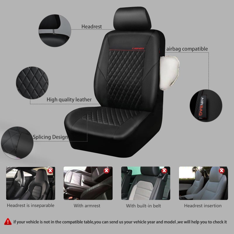CAR PASS Quilting Leather Seat Cover Two Front Seats Only, Universal Fit Automotive Front Seat Covers Waterproof Deluxe PU Premium Vinyl Luxury for Cars Sedan Van SUV Airbag Compatible 2 Pieces,Black - Image 4